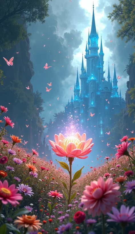 Magical dreamland, Magic Castle,  fantasy、A sparkling light dances、Light-filled、 beautiful、Butterfly flies、 Crystals、Colorful flower field、Mysterious、Glowing Flower