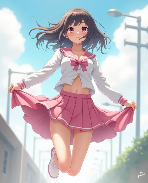 1 girl with high school uniform wind up short skirt is flying she's underwear pink white bra