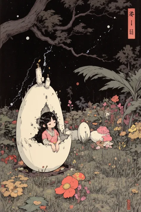  A Close-Up Ukiyo-e with a Broken Egg Shell and a Girl,Swamps and Wilderness , Palm Trees and Rolling Eggs ,シュールで Beautiful Art ,Lightning that shines at night,Flying Butterfly,Burning Flowers , Lightning Strikes , Melting Stars and Planets in Space, Eerie...