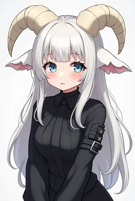  Create an image of this character ,  a girl named Shoko ,  she is half lamb ,  has an ENFP personality . She is ,  she tends to wear black ,  and his hair is more of a straight style stickers up to the shoulders but inflated .  Her horns are white ,  slig...