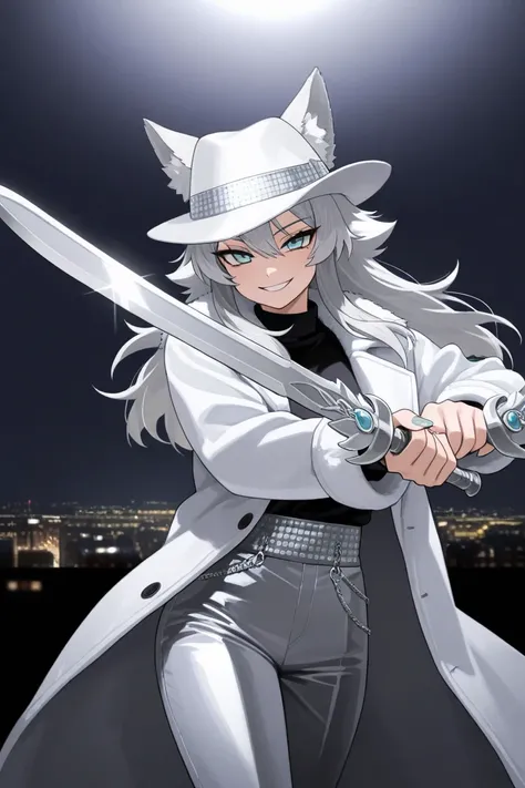 Battle,a adult girl,silver long mullet hair,little paleness cyan highlight,cyan eyes,tsurime eyes,junky face,junky smile,white fedora,look expensive white duffle coat(some silver decoration,fur),black shirt,white short pants,wolf ears,silver nail,silver dr...