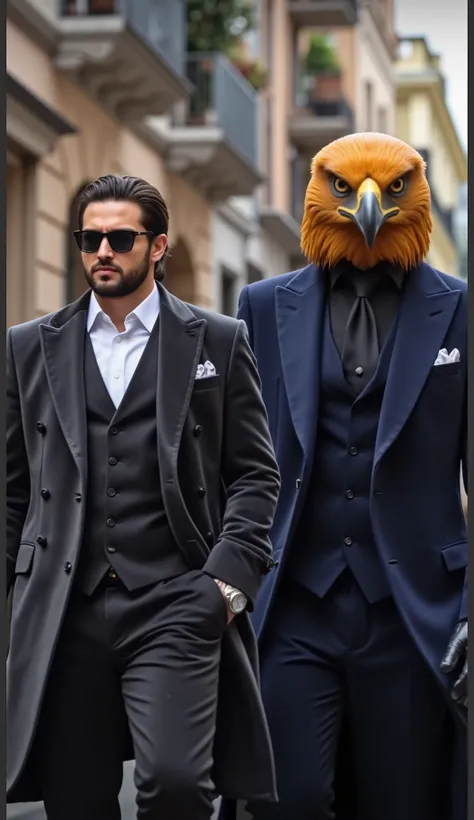 "Two stylish men walking down a European-style city street with a confident and powerful presence. The man on the left has a chiseled jawline, neatly styled dark hair, and a well-groomed beard. He wears black sunglasses and a luxurious black velvet three-p...