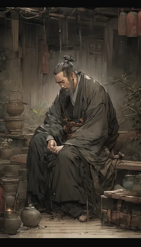  Line Art drawing comic a perfect handsome male, Clear Face, 40-year-old man, beard, Hanfu, ((whole body)), despair,  detailed face,Perfect hand-crafted detail, dark background,sorrow,Sit down, hold your head,tears,rain, devastated village,
cast (Immeasura...