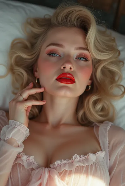 Sexy woman, blushing hard, red makeup, hands pinned to the side, lying on bed, head on pillow, facing up, pinned, playful turned sexy, mouth parted, eyes looking at lips, very sexy and hot,  figure, loose t shirt, midriff, abs, TENNYO with Marilyn Monroe 3...