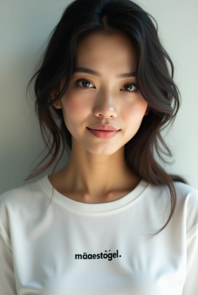 a beautiful Indonesian woman,  eyed  ,beautiful hair , wear a white shirt with the word mabestogel