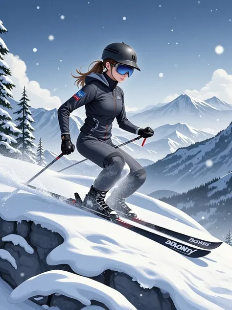 1girl, On a cold winter morning, a professional skier sets off from the peak of a snowy mountain and rushes towards a valley at an astonishing speed. The screen features highly realistic details, including athletes' sportswear, brand logos on skis, and fly...