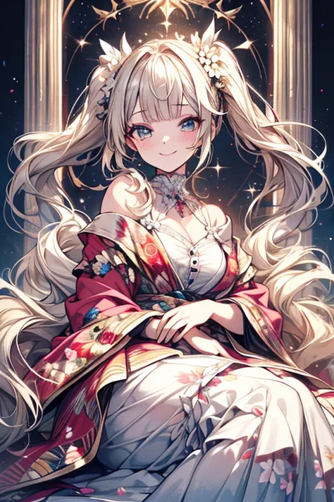   Masterpiece,   top quality,   high resolution,( anatomically correct) ,SA1,  ( Off Shoulder Floral Dress), Sparkling Eyes,     false eyelashes    ,   platinum blonde twin tails,   cute atmosphere  ,Pungent smile