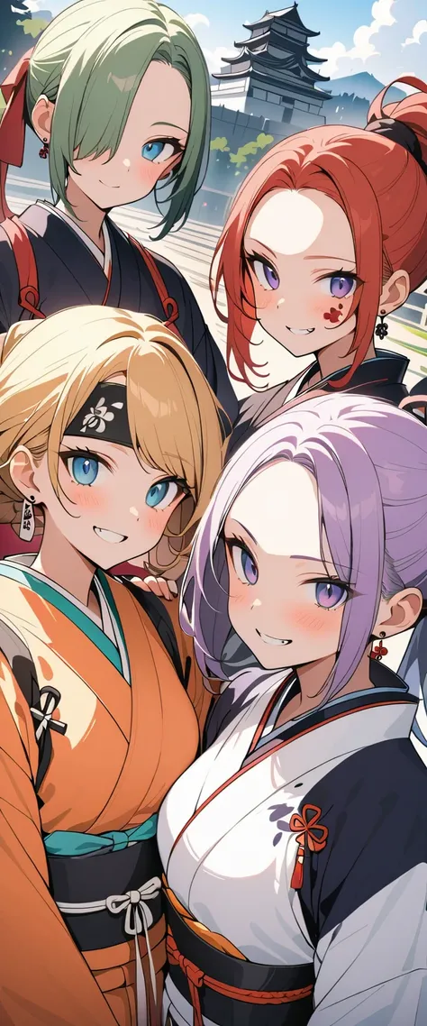 (Four beautiful girls : 1.3), girls ,(samurai,warrior, Japanese sword,headband,Chest guard, earrings), blonde, black hair, Hair, Silver Hair, red hair ,Blue Hair,Green Hair,Pink hair,Purple Hair, ponytail, bob cut, twin tails, long hair, short hair, bun ha...