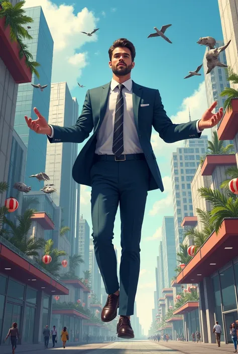 Create a realistic illustration of a salesman with his display walking above the modern world