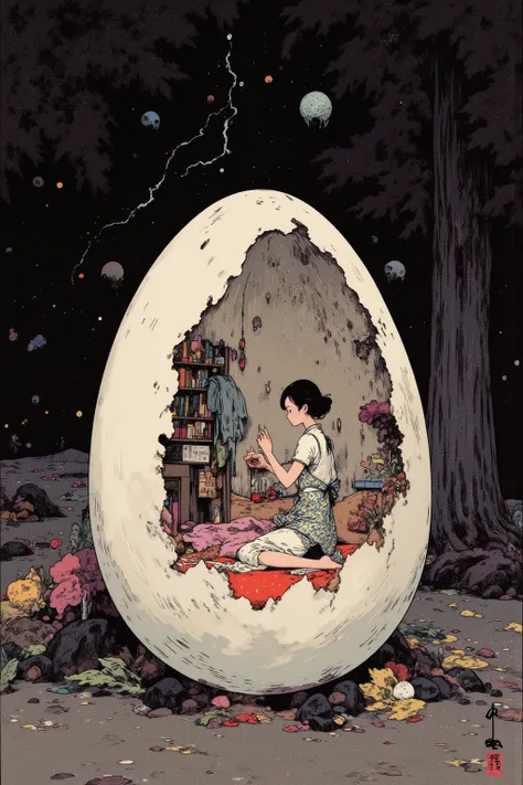  huge broken egg shell and girl close-up Ukiyo-e,Swamps and Wilderness , Palm Trees and Rolling Eggs ,シュールで Beautiful Art ,Lightning that shines at night,Flying Butterfly,Burning Flowers , Lightning Strikes , Melting Stars and Planets in Space, Eerie Art ,...