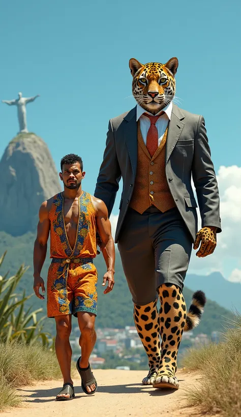 A hyper-realistic full-body shot of a confident Brazilian man wearing a vibrant samba dancer outfit, walking forward. Beside him, a towering, massively muscular anthropomorphic jaguar, dressed in a perfectly tailored suit, walks upright with strength. Both...