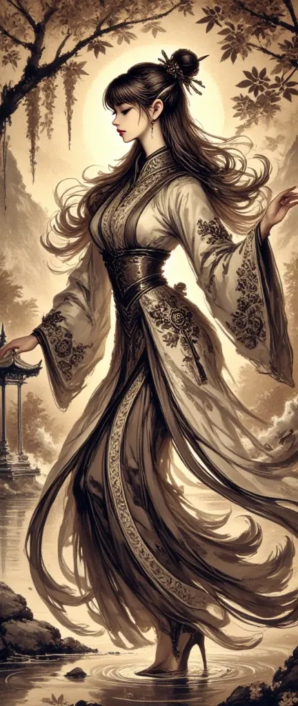 Ethereal and alluring goth beauty dancing near the riverside in action dynamic pose , Intricate and detailed, full-body profile shot portrait taken beautiful, Black and white lineart (Chinese ink art style) aesthetically pleasing cinematic composition, a s...