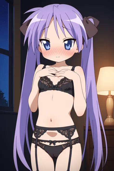 masterpiece,best quality,{{detailed beautiful face and eyes}}, very detailed background,
Kagami Hiiragi,{{{megami magazine}}},long hair,purple hair,twintails,hair ribbon,blue eyes,small breasts,
((black Lace Bra,black Lace Panties,black garter belt)),
1gir...