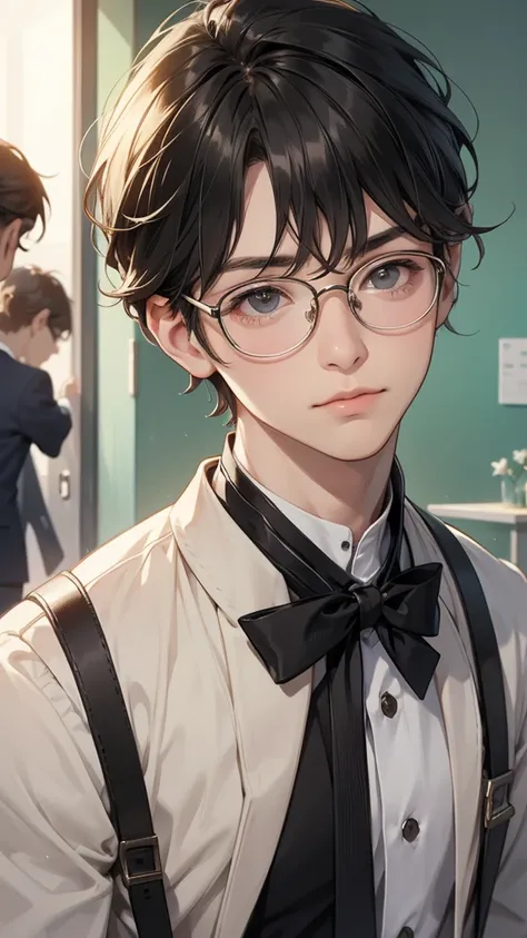 A boy with a neutral face、Glasses、 cute、Boys&#39; school uniform、 tie、 soft lips 、