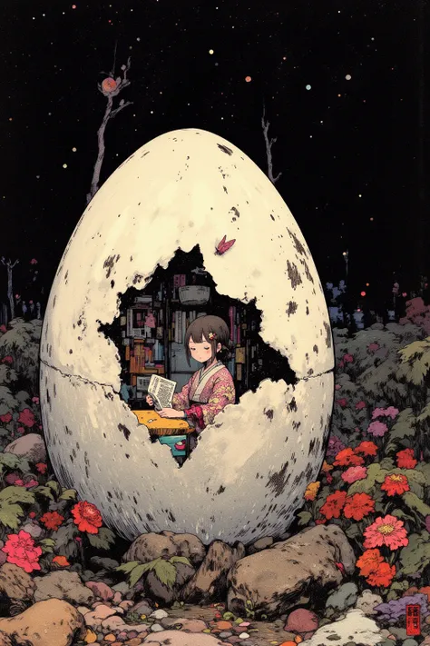  huge broken egg shell and girl close-up Ukiyo-e,Swamps and Wilderness , Palm Trees and Rolling Eggs ,シュールで Beautiful Art ,Lightning that shines at night,Flying Butterfly,Burning Flowers , Lightning Strikes , Melting Stars and Planets in Space, Eerie Art ,...