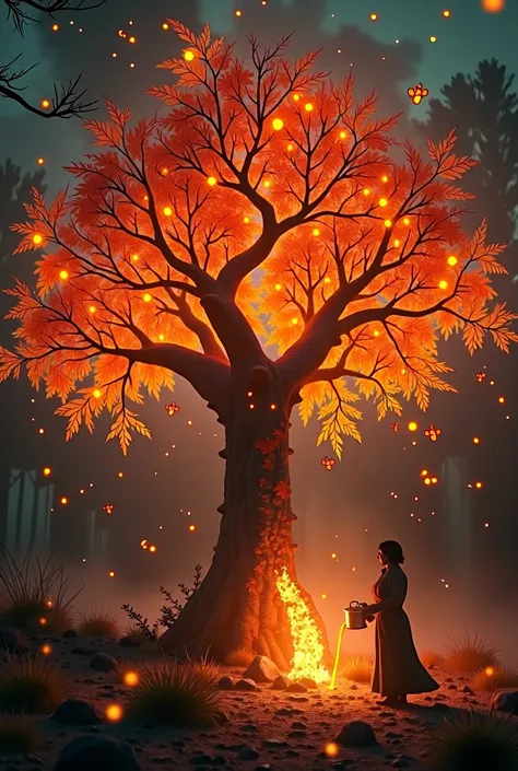 A mystical, glowing tree in a dark, enchanted setting. The tree has fiery leaves flickering like living flames, and its branches bear small, bright, flame-like apples that burn gently. The scene is illuminated by the firelight of the leaves, creating drama...