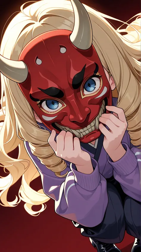 ultra-detailed, detailed face, close-up portrait, BREAK focus on face, dynamic angle, dutch angle shot, (looking at viewer), 

Solo, Drill Hair, blonde, Long Hair, a girl, blue eyes, slant eyes, narrow eyes, face on hannya mask, wearing maroon long sleeves...