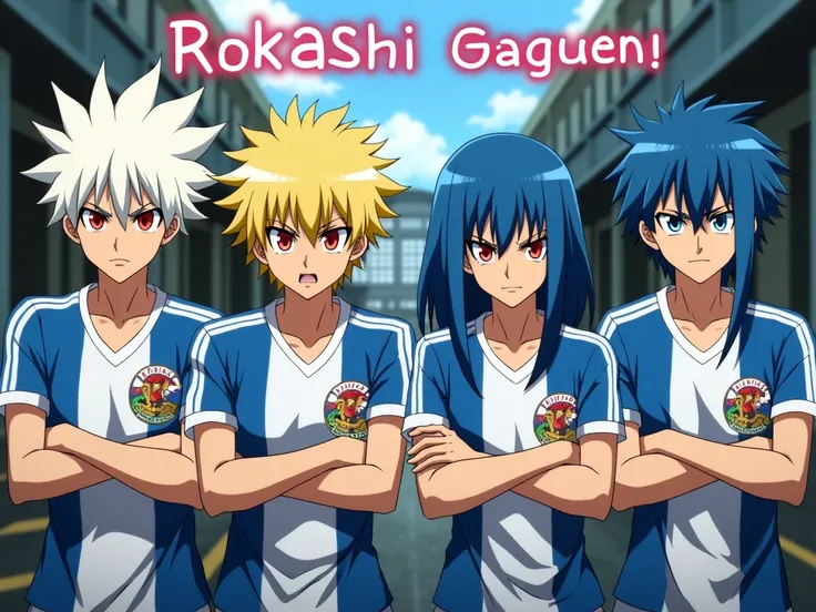 image fixe de l'equipe rokashi gakuen 
de l'univers de inazuma eleven victory road 
avec 4 garçon adolescent musclé au cheveux blonds et bleu mi-long avec de couette blanche pencher vers la gauche et deux grande méche bleu tombe sur leurs visage yeux ecarl...