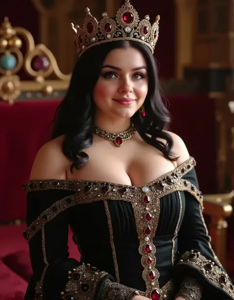 Ariel Winter, sexy medieval princess, alone, looking at the viewer, smiling, standing upright, full body is visible, cleavage, wearing a tiara, wearing a garnet ring, wearing a luxurious necklace with a big gemstone, wearing earrings, wearing a luxurious m...