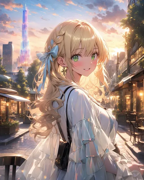 Anime woman,yui hongo ,short blonde hair,green eyes,A great urban photoshoot location: A tree-lined street with glass buildings reflecting the sky, stylish cafés with terrace seating, and a glowing fountain in an open plaza. Artistic murals and small bridg...