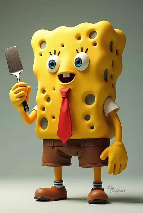 Create a sponge,Perforated hole,wears brown pants and a red tie,and holding an iron spatula