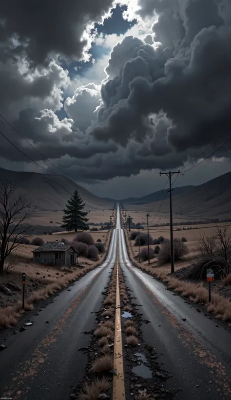 deserted road under a cloudy sky, with wind sounds.