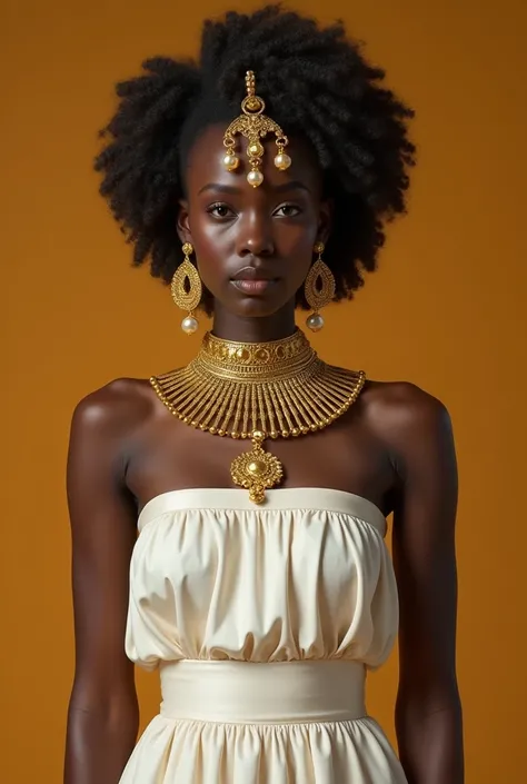 a woman in a white dress and gold jewelry posing for a picture, egyptian art inspired by Ras Akyem, trending on cg society, afrofuturism, stunning african princess, dark skin female goddess of love, beautiful goddess, african queen, black african princess,...