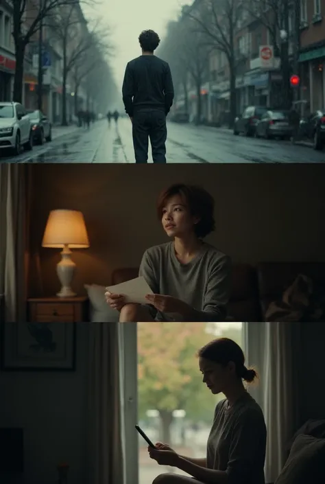 SCENE 1: THE MEMORY (0:00 – 0:30)

(Soft piano intro, melancholic tone. Slow motion shots.)

A young man (early 20s) stands alone on a rainy street, looking up at the sky.

Cut to: A young woman (early 20s) sits in a dimly lit apartment, holding an old lov...