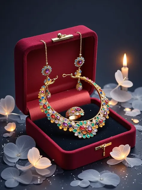 "Ultra-realistic image of a pure gold Peacock Design Necklace with matching earrings, along with the iconic Hurrem Sultan Ring, all delicately placed in a royal box with utmost care. The Peacock Design Necklace features a stunning arrangement of multi-colo...