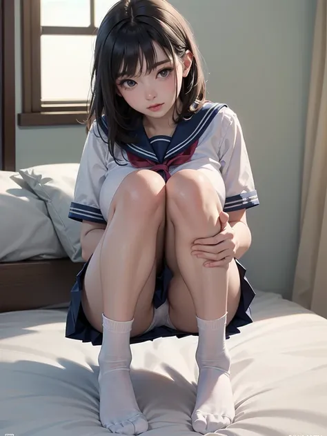 very cute and beautiful girl,(highly detailed beautiful face and eyes:1.2), (realistic, photorealistic:1.0), beautiful illustration, huge breasts, (sailor school uniform), (navy blue pleated mini skirt:1.15, socks, loafers), sitting, (knees up:1.5), (knees...