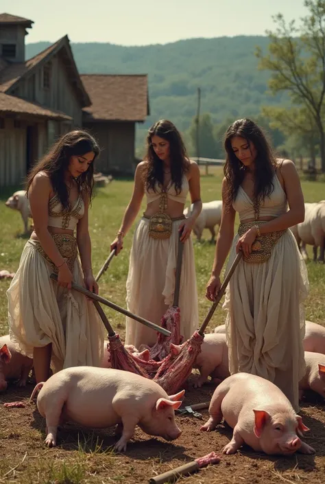 Sexy roman women butchering pigs in farm 