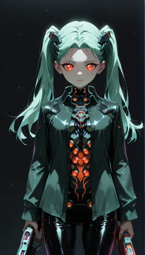 very aesthetic, 걸작, 고해상도, 8k 해상도, 매우 상세한, best_quality, finely_detailed_eyes_and_detailed_face, 1 여성, (cyberpunk, cyberware, cybernetic lines, edgerunners), green_hair, long hair, twintail, glowing red_eyes, cyberware eyes, black opened dress_shirt, leathe...