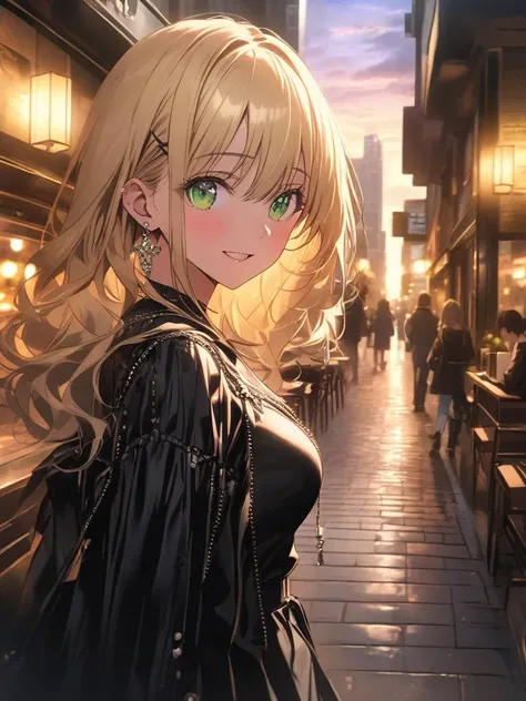 Anime woman,yui hongo,fushiki yuugi short blonde hair,green eyes,A great urban photoshoot location: A tree-lined street with glass buildings reflecting the sky, stylish cafés with terrace seating, and a glowing fountain in an open plaza. Artistic murals an...