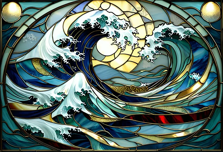 Stained Glass, Super Detail, high quality,Japanese Wave , Traditional Japanese Art
