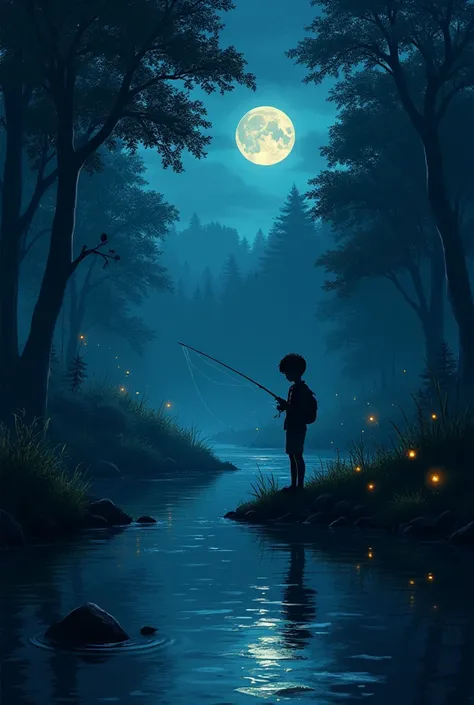 Boy with a fishing rod by the river at night in the forest