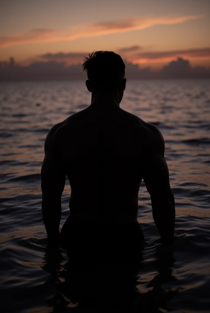 A fit muscular muscle man, positioned mid-frame, is silhouetted in shallow water at sunset.  He is standing in the water up to his mid-torso, facing away from the camera and looking out to the horizon, coma hair style. The man's body is muscular and toned....