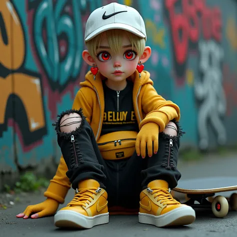 Gothic doll,  boy, blond hair, red eyes, cool expression, red heart earrings, wearing a white NIKE cap backwards, a black mesh shirt, a yellow long-sleeved top with English words all over it, revealing the collar of the mesh shirt, Yellow belt with a fanny...