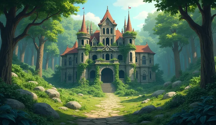 Time moves forward. The palace falls into ruins inside, overgrown by thick forests. Silence engulfs the once-grand kingdom.daytime 3d cartoon animation