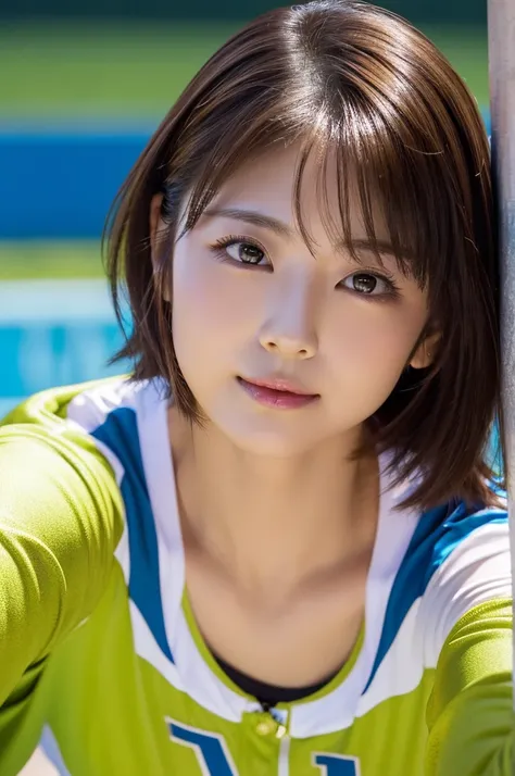 Track and field club member、 athletics stadium、flashy uniform、 high quality,超 high resolution,、1 person,whole body、Shiny brown hair,(8k, 4K、最 high quality,  high resolution, 超 high resolution:1.1)、Short Bomb Hair、Cool Look, staring at the camera, beautiful...