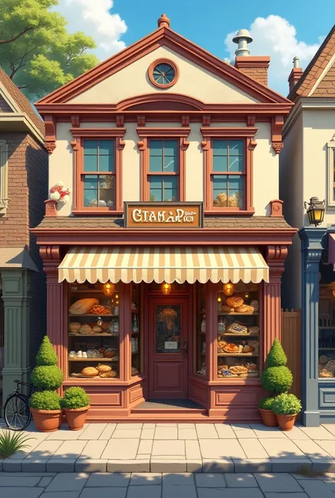 Make a simple front elevation of bakery shop with 1 floor