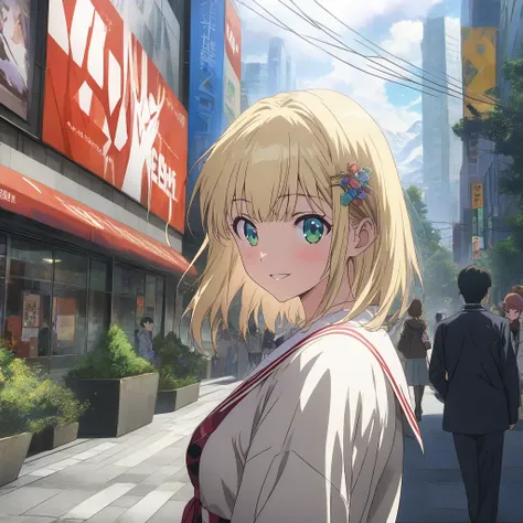 anime woman,yui mushroom ,short blonde hair,green eyes,  heavy mountains , Great work, Labor fees, . Anatomy is correct , precise, Anime, revelation, نمط Anime, Modern Art, hair pin,  ,in city ,street ,tree