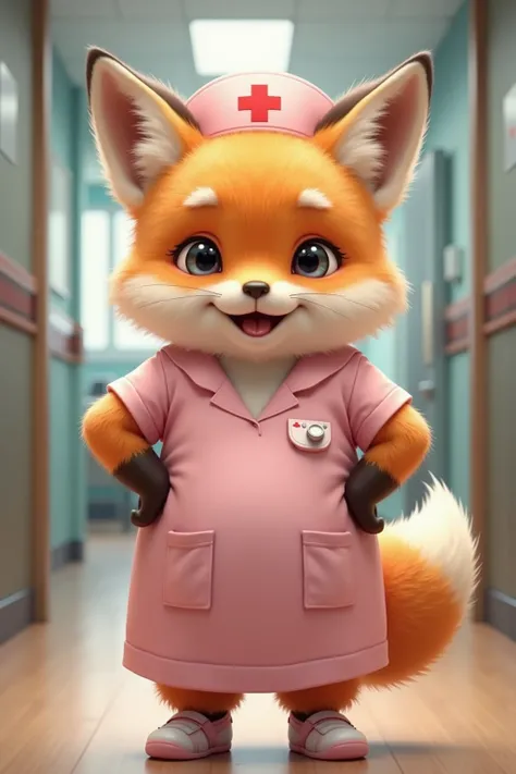 photorealistic portrait of Dressed animals - a ((fat)) baby(fox) nurse,(art by Giuseppe Arcimboldo),(realistic:1.2),(furry),(hands on hips:1.2), (happy smile:1.5),(happy),high quality,(lovely) ,intricate details, highly detailed ((pink nurse clothes)), wea...