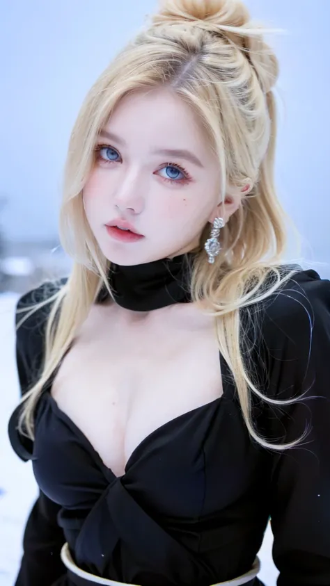   beautiful woman  ,Cute,  huge natural breasts  ,  Blonde curly hair /current (2 buns),  dark blue eyes and face drawn in detail,  not too thin  ,   to make it ultra-realistic ,   Western European girl  ,Snowy weather , black nun uniform, extremely detail...