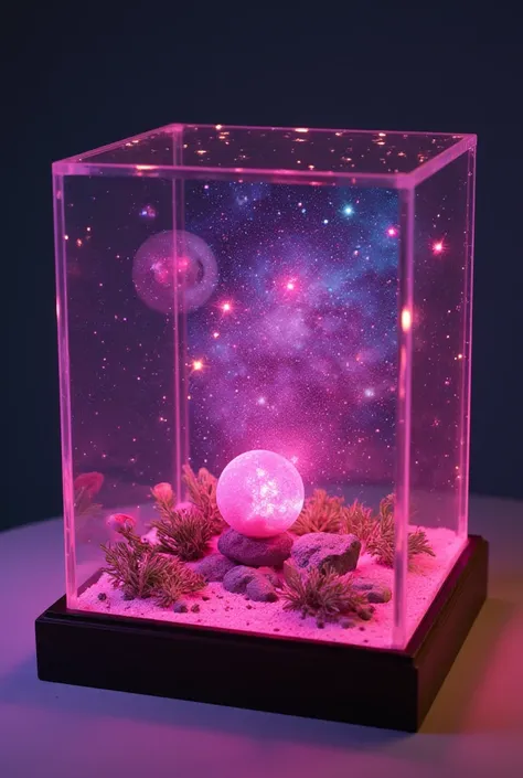 Square Glass Case 、Miniature Garden、 The Universe Expanding Inside the Box、Milky Way、 pink universe、pink stars 々、glitter,Transparency, Fantastic、pink,reality,photograph、 high resolution,  top quality, 