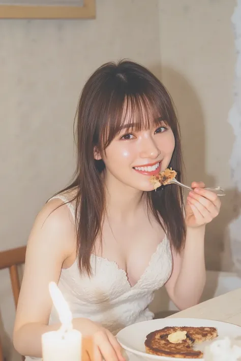 This is a cute Japanese woman in her 20s  ,  wears a fancy evening dress ,  sits at a softly illuminated dinner table  .   she laughs cheerfully 、I'm looking at a fork with a small steak in it for the viewer,   playfully invites you to try it out  .   her ...