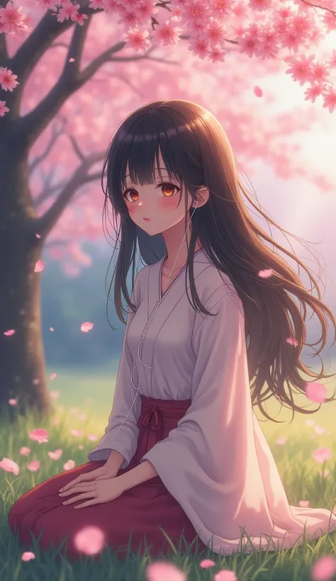 Picture a white Japanese girl with long hair and bangs her eyes round and beautiful sitting under a cherry tree while listening to music using earphones,original photo, realistic 