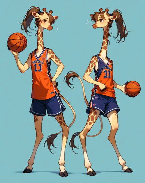 furry , (1 giraffe girl , petit tits  , ponytail , baggy basketball uniform , dribble) , (areola:0.8)