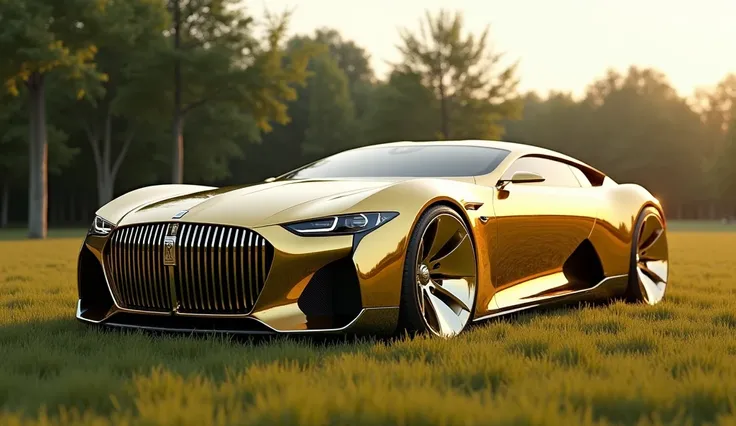 Luxurious huge Rolls-Royce golden and silver sports car parked in a grassy area, a digital rendering inspired by Harry Haenigsen, tumblr, hypermodernism, glass and metal : : peugot onyx, concept car, prototype car, luxury hd render, futuristic concept car,...