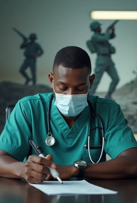 A blackman is a  doctor wearing a mask on the mouth sitting on the chair holding a piston with right hand  on the table  but on the wall there is a  millitary combat for soldier