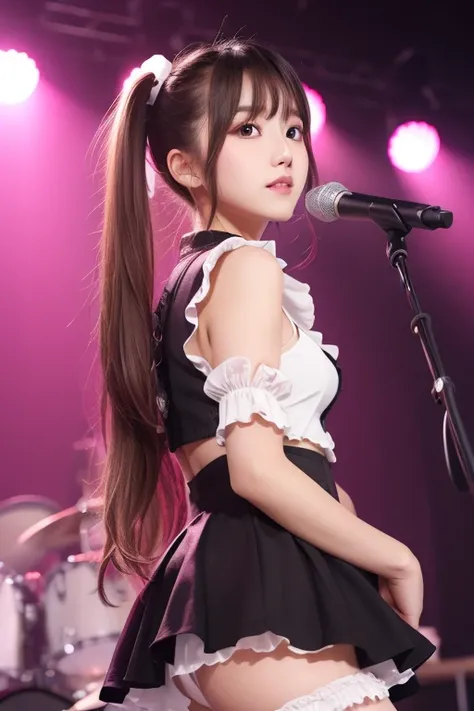 An idol in a costume with pink and white frills　Baby Face　 cute face　 twin tails　 hair brown　Light bangs 　Long Hair　 stage